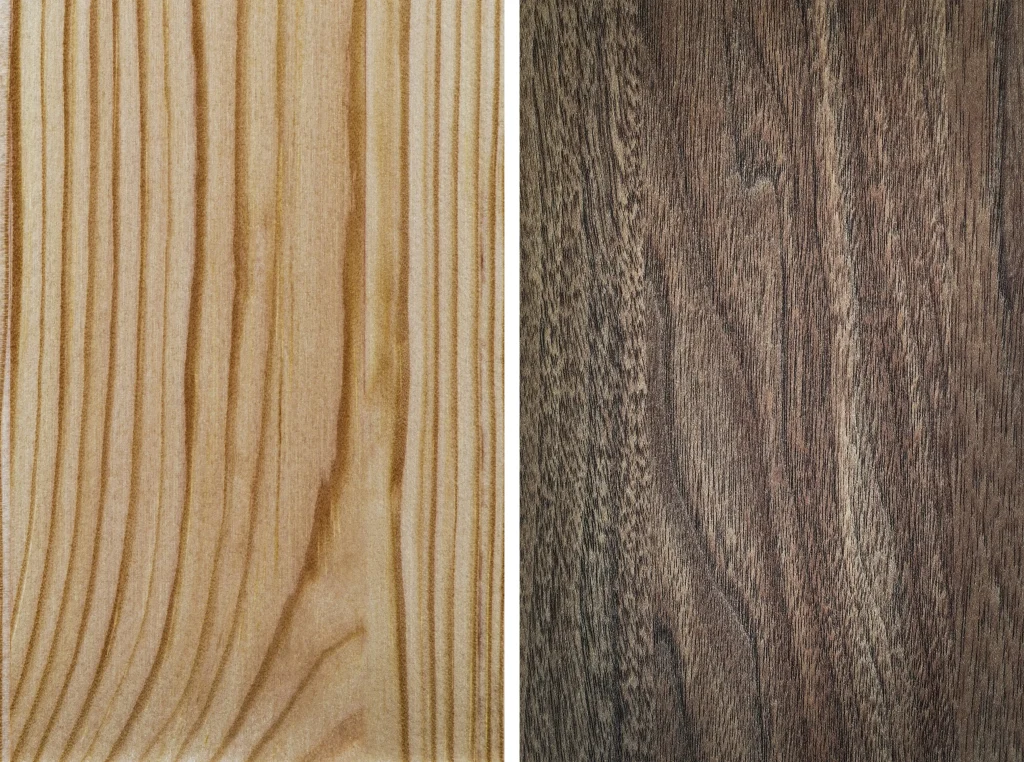 Side-by-side comparison of two types of wood featuring light and dark natural wood grain patterns.