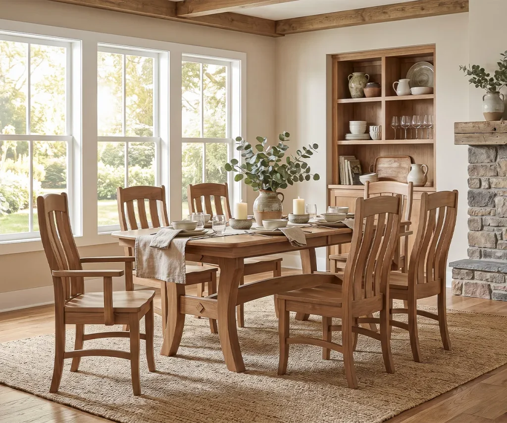 Solid wood dining table surrounded by matching wooden chairs in a bright dining room with large windows.