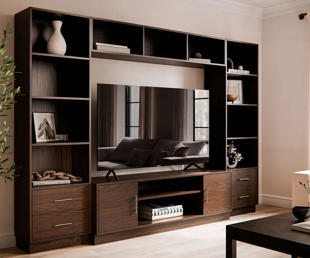 Dark wood entertainment center with built-in shelving, storage drawers, cabinets, and a large television.