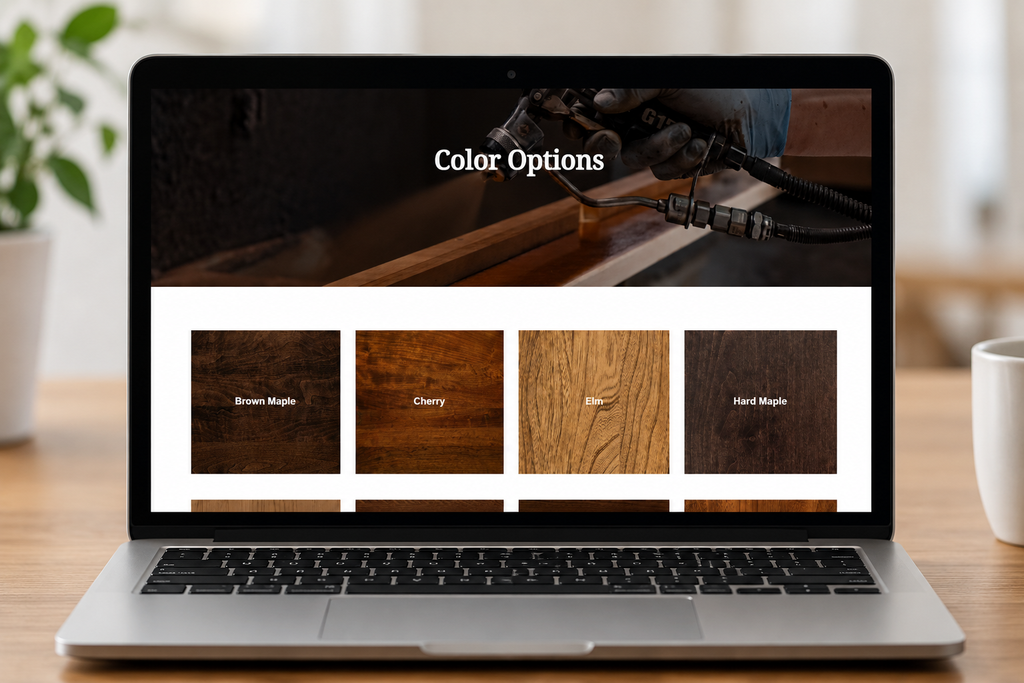 Laptop displaying furniture wood color options, including brown maple, cherry, elm, and hard maple.