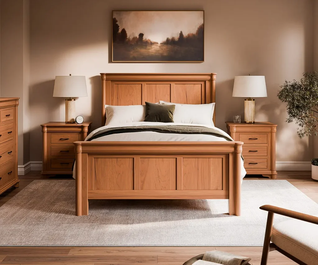 Solid wood bed frame with a paneled headboard and matching nightstands in a warmly decorated bedroom.