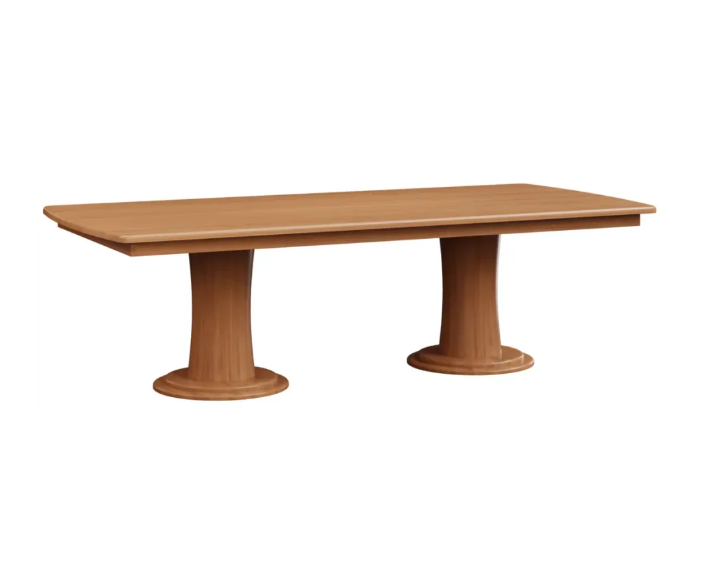 Rectangular wooden dining table with a smooth top and two pedestal bases against a white background.