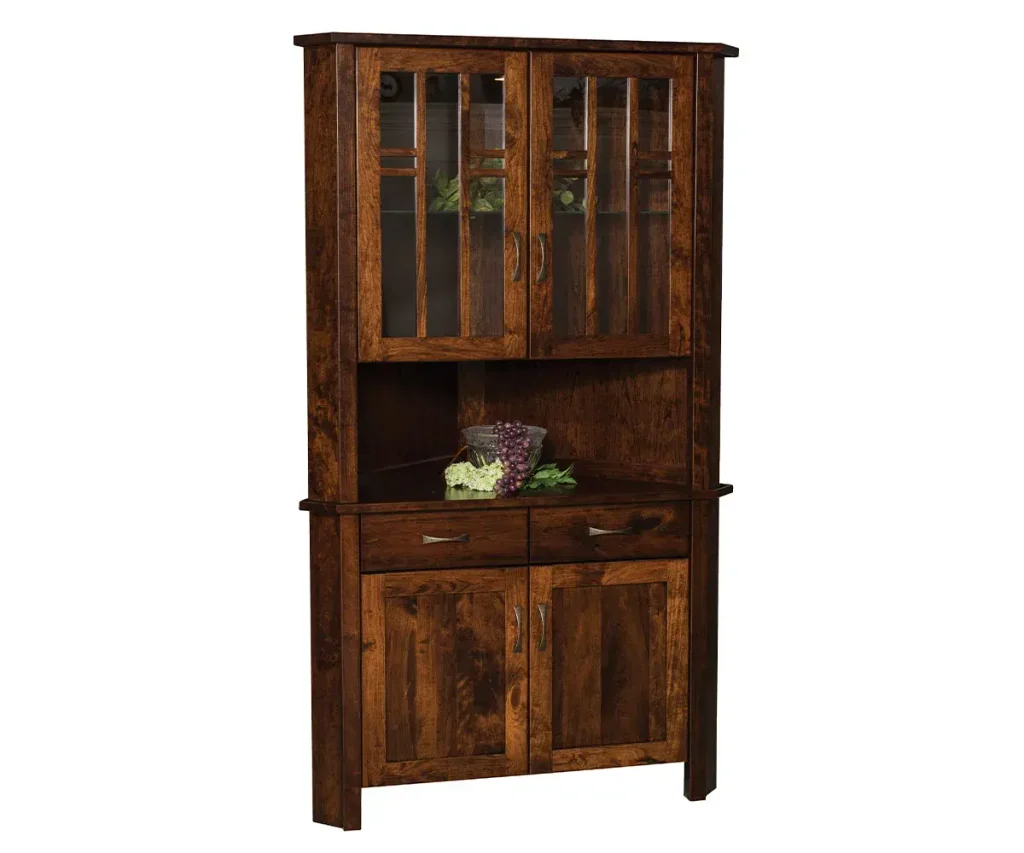 Dark-stained wooden hutch featuring glass cabinet doors, open shelving, drawers, and lower storage cabinets.